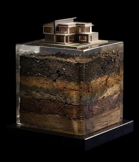 A cutaway model showing a Kapuria home resting on its soil layers