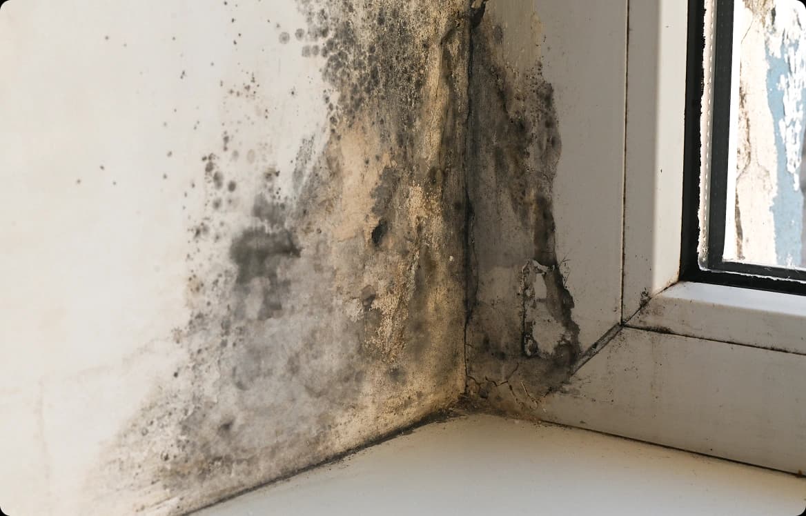 Damp staining and salt bloom along the base of an external wall