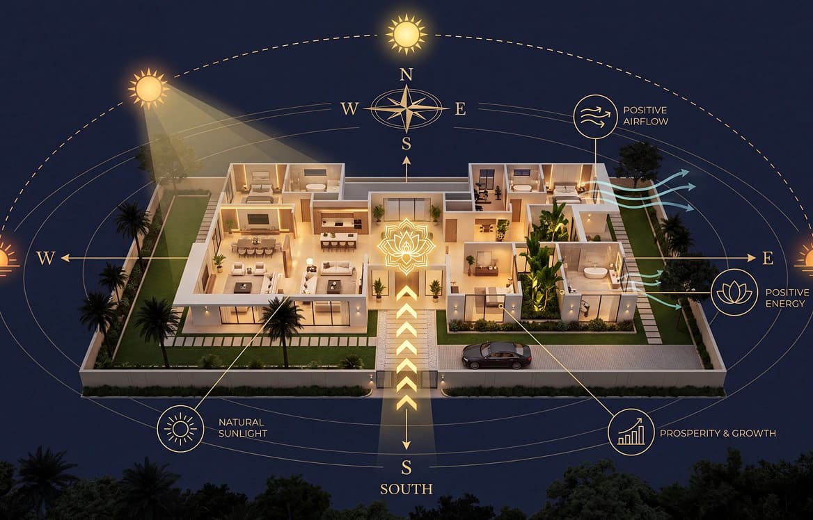 A Vastu grid overlaid on a sunlit courtyard entrance