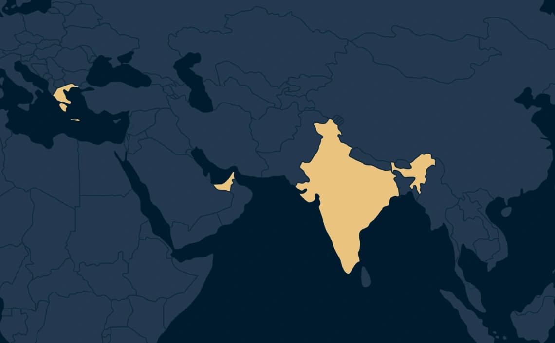 Map of the regions Kapuria Developers builds in — India, the UAE and Greece
