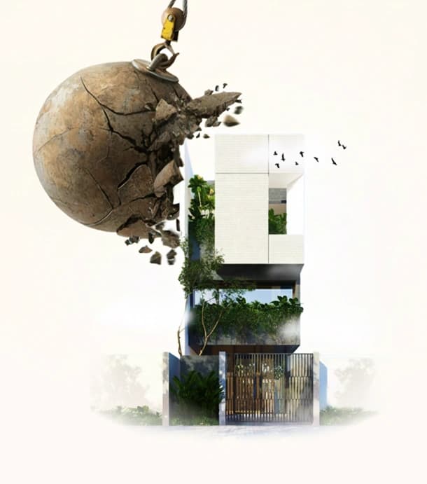 A wrecking ball striking a Kapuria building that stands intact