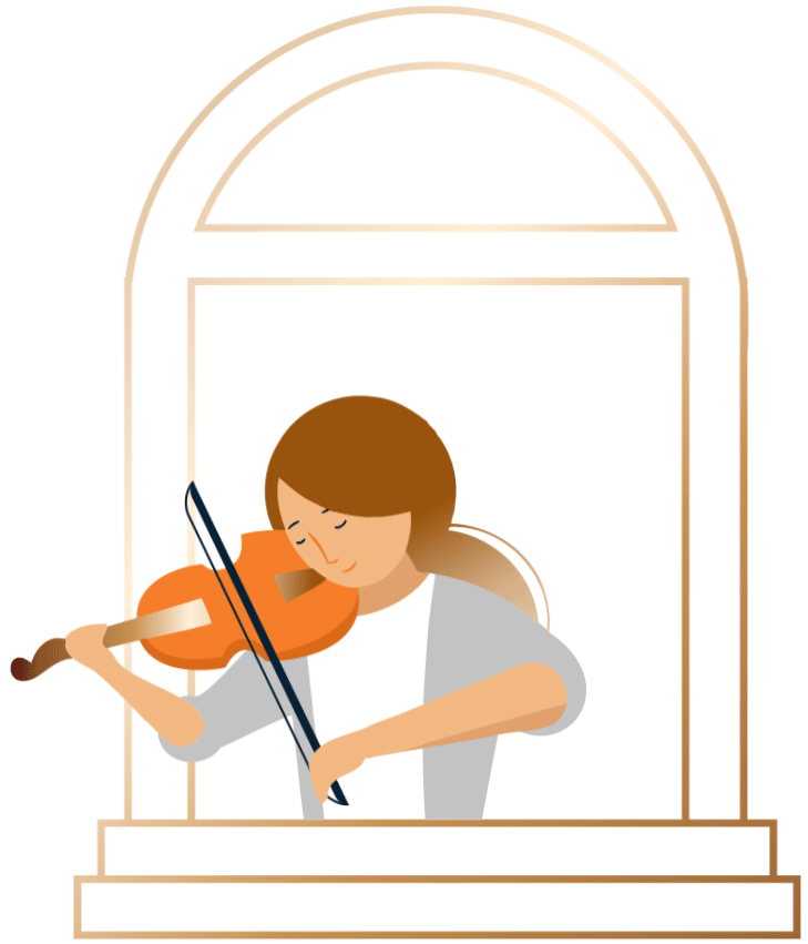 An animated violinist playing in an arched window